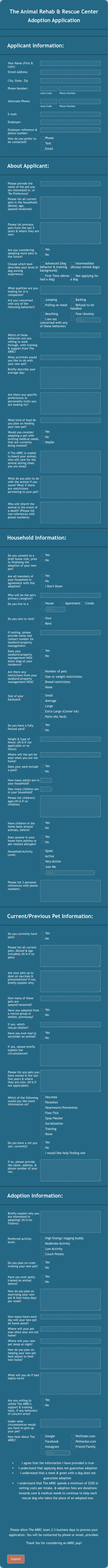 Animal Shelter Adoption Application Form Template