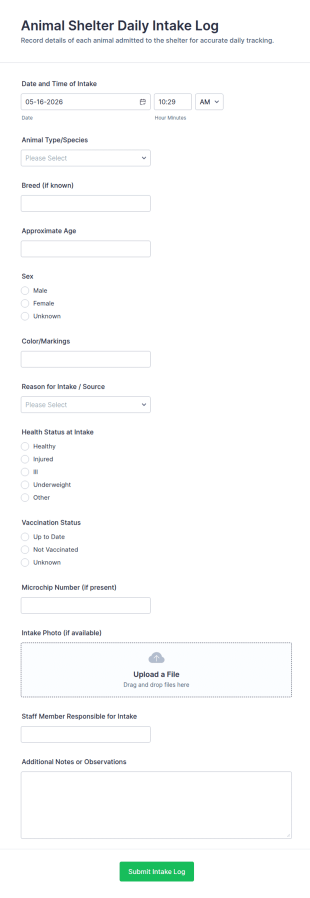 Animal Shelter Daily Intake Log Form Template