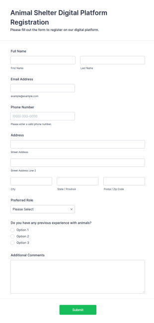 Animal Shelter Digital Platform Registration Form Template