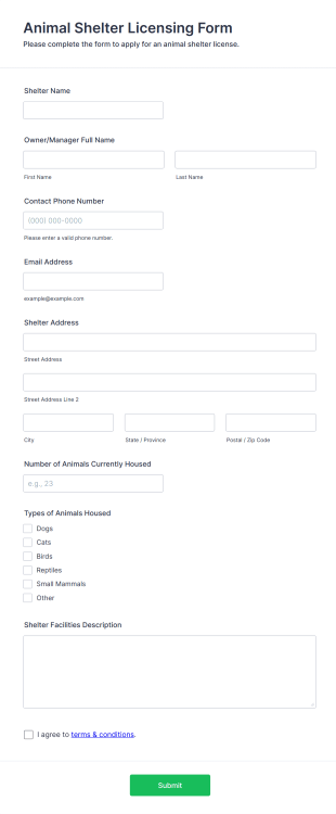 Animal Shelter Licensing Form Form Template