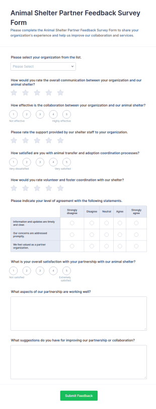 Animal Shelter Partner Feedback Survey Form Template