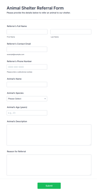 Animal Shelter Referral Form Form Template