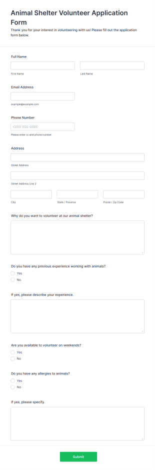 Animal Shelter Volunteer Application Form Form Template