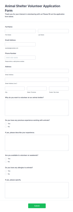 Animal Shelter Volunteer Application Form Template