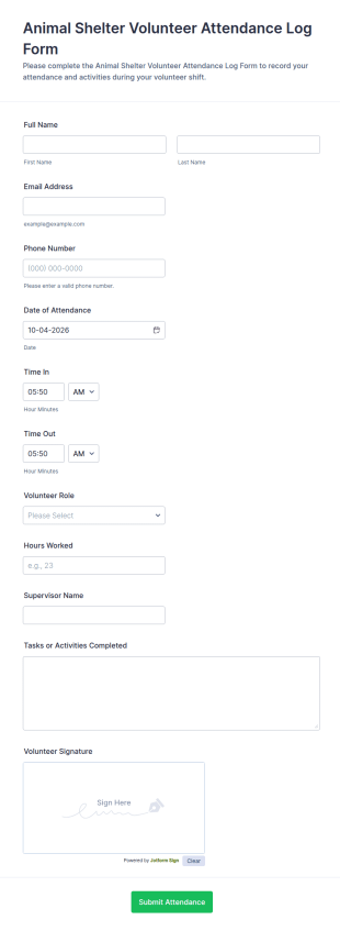 Animal Shelter Volunteer Attendance Log Form Template