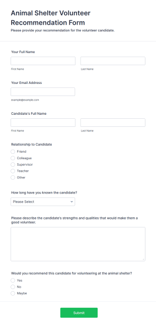 Animal Shelter Volunteer Recommendation Form Form Template