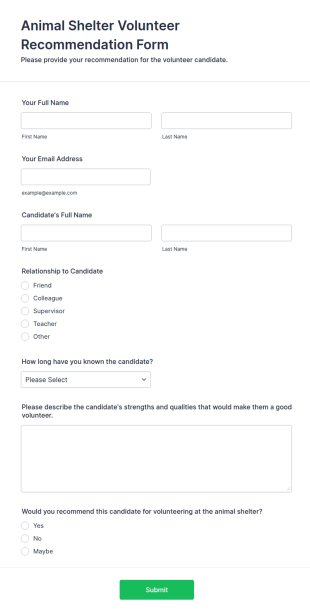 Animal Shelter Volunteer Recommendation Form Template