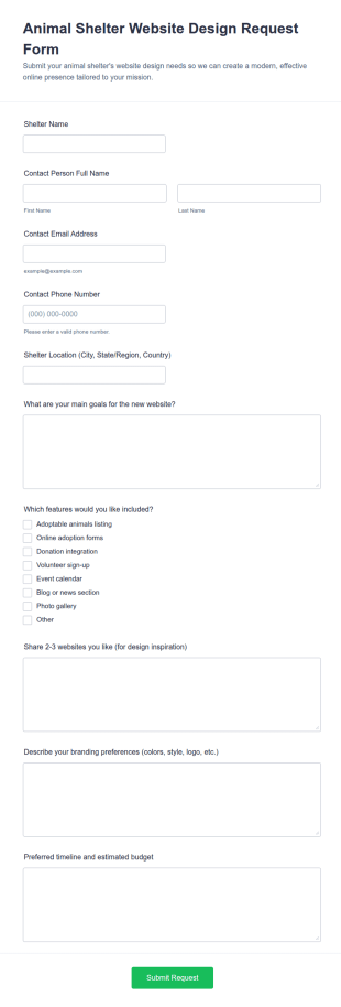 Animal Shelter Website Design Request Form Template