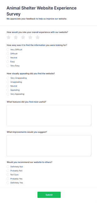 Animal Shelter Website Experience Survey Form Template