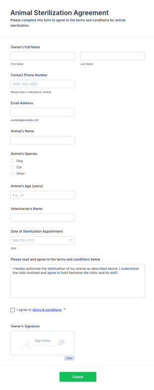 Animal Sterilization Agreement Form Template