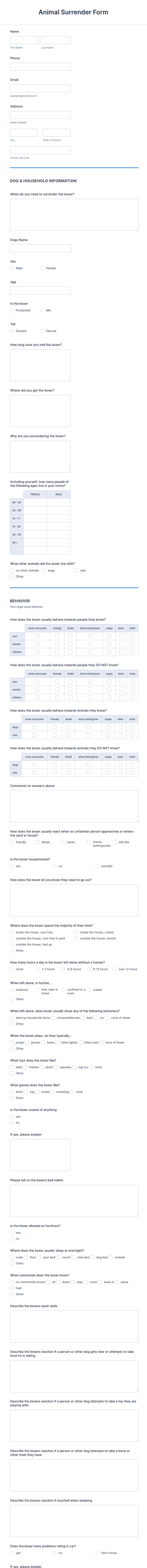 Animal Surrender Form Template