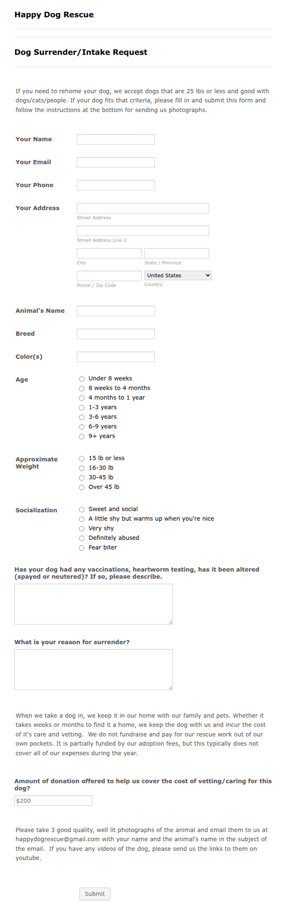 Animal Surrender Form Basic Animal Surrender/Intake Request Form Template | Jotform
