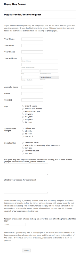 Animal Surrender/Intake Request Form Template