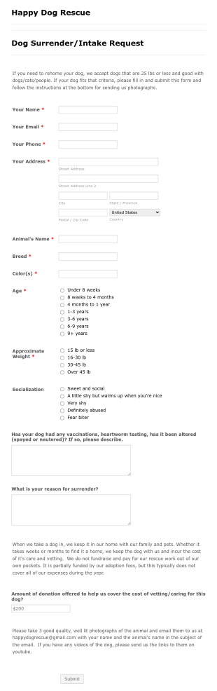 Animal Surrender/Intake Request Form Template