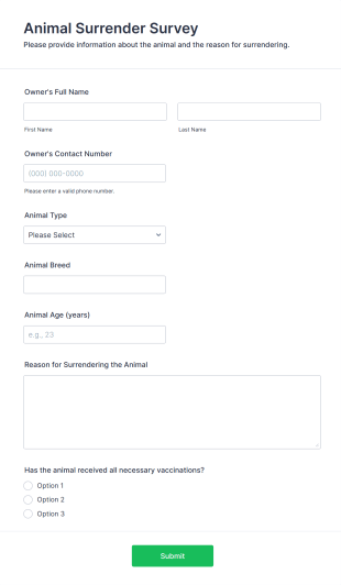 Animal Surrender Survey Form Template