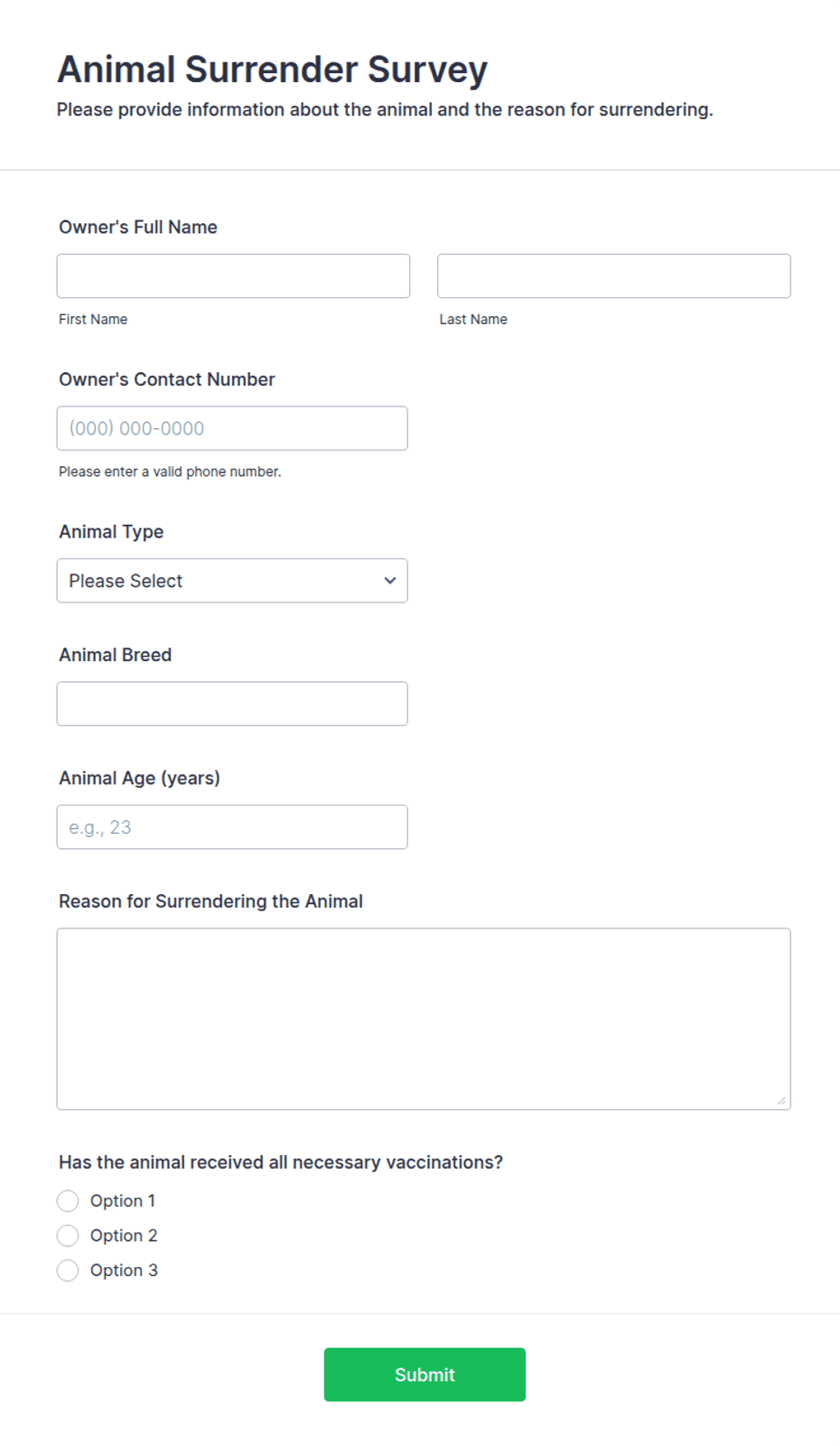 Animal Surrender Survey Form Template | Jotform