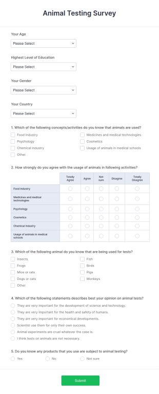 Animal Testing Survey Form Template
