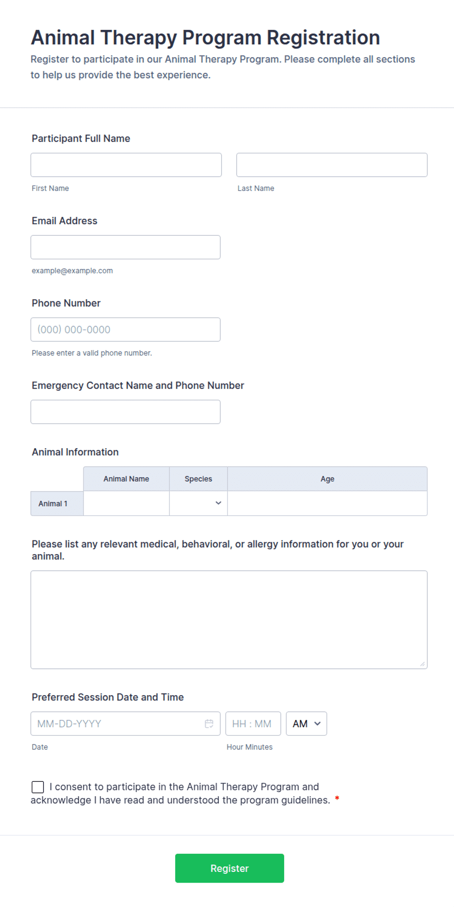 Animal Therapy Program Registration Form Template | Jotform