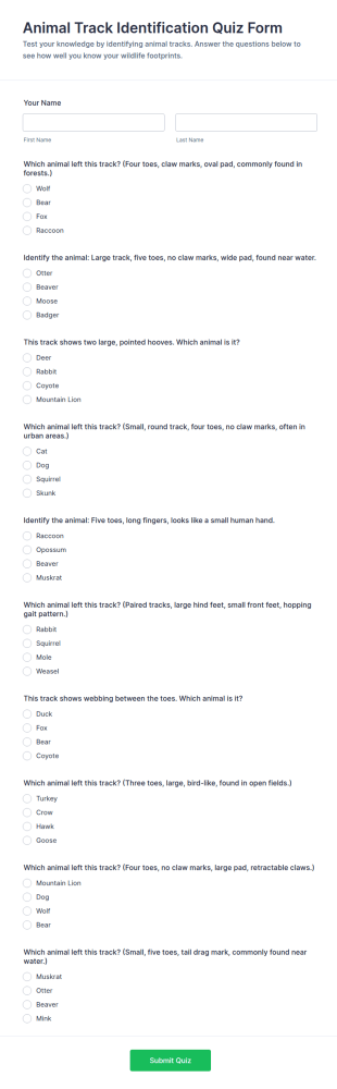 Animal Track Identification Quiz Form Template