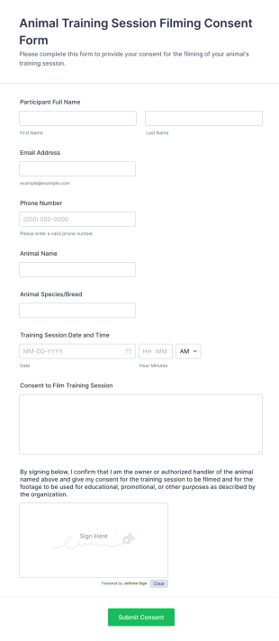 Animal Training Session Filming Consent Form Template