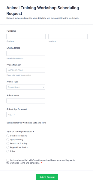 Animal Training Workshop Scheduling Request Form Template