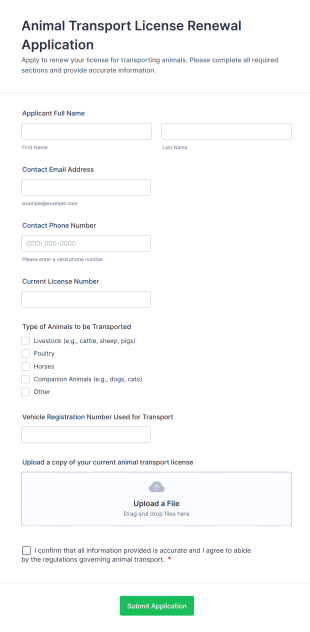 Animal Transport License Renewal Application Form Template