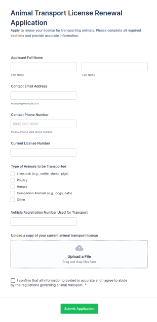 Animal Transport License Renewal Application Form Template