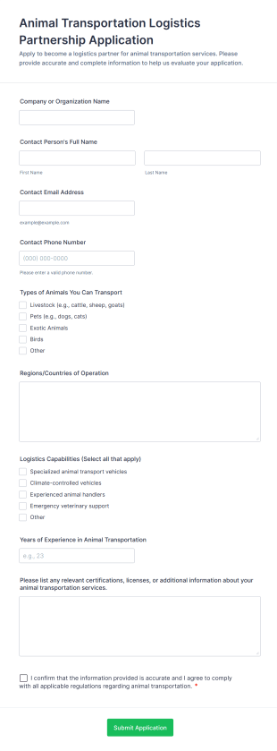 Animal Transportation Logistics Partnership Application Form Template