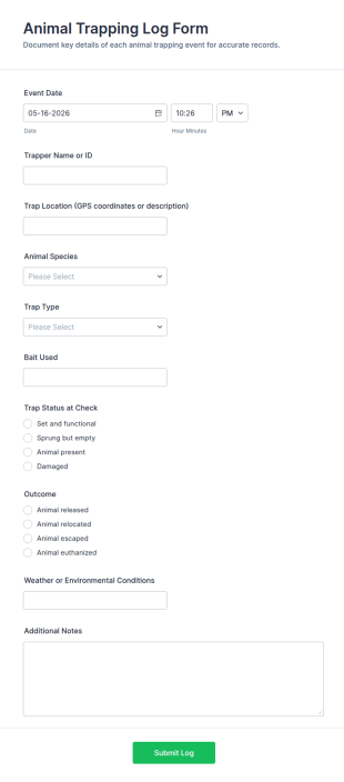 Animal Trapping Log Form Template