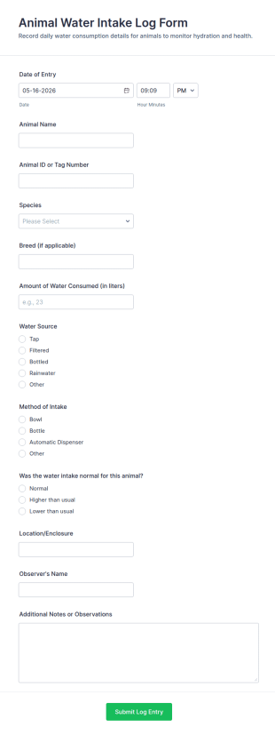 Animal Water Intake Log Form Template