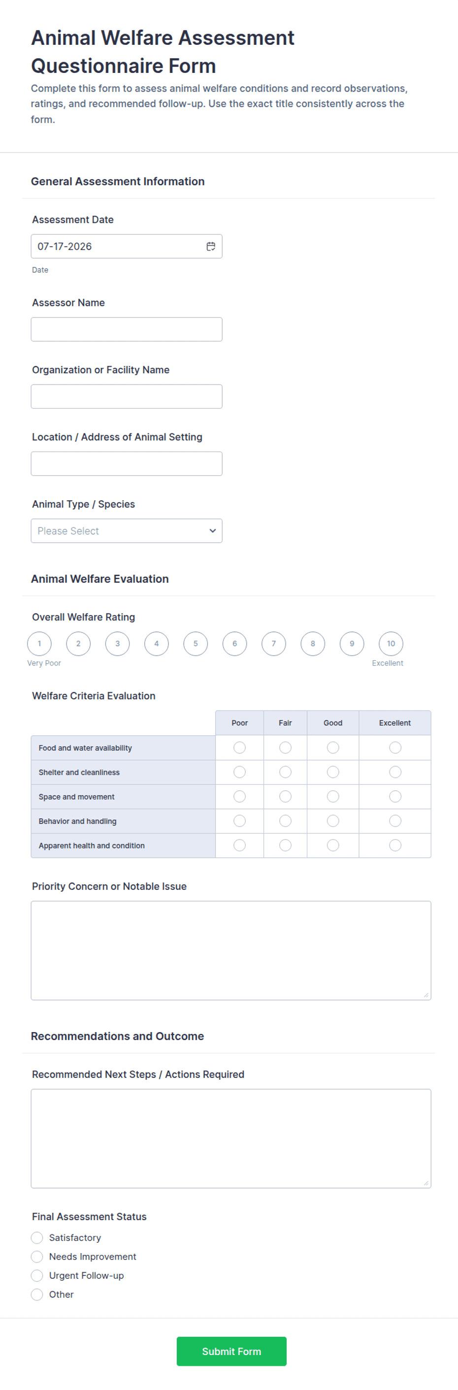Animal Welfare Assessment Questionnaire Form Template | Jotform
