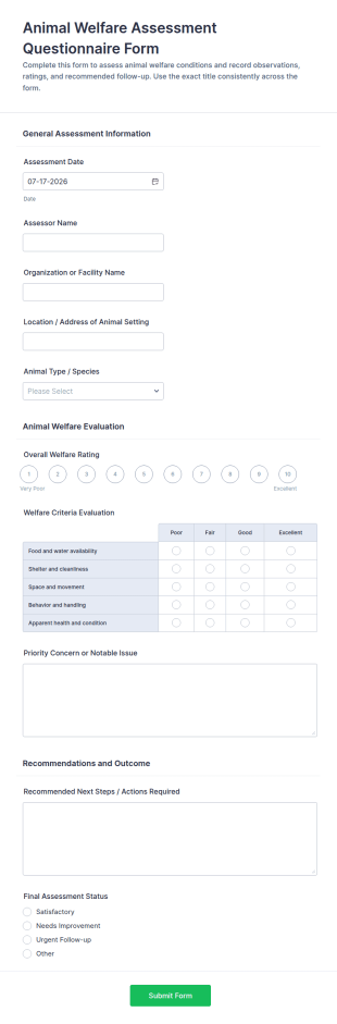 Animal Welfare Assessment Questionnaire Form Template