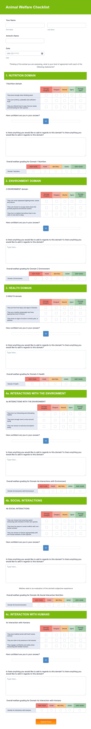 Animal Welfare Checklist Form Template