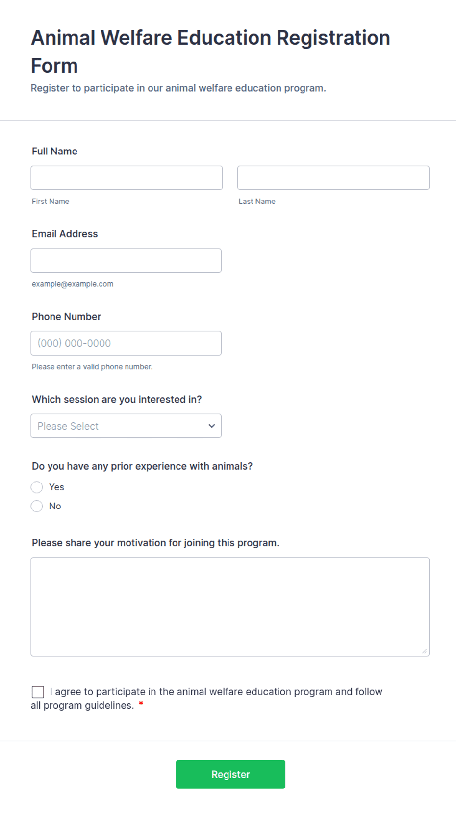 Animal Welfare Education Registration Form Template | Jotform