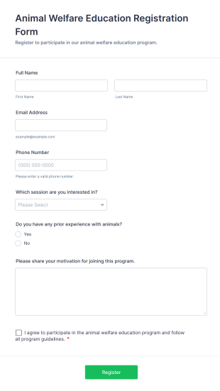 Animal Welfare Education Registration Form Template