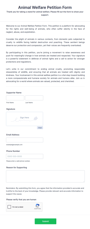 Animal Welfare Petition Form Template