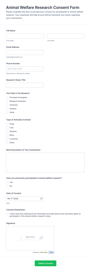 Animal Welfare Research Consent Form Template