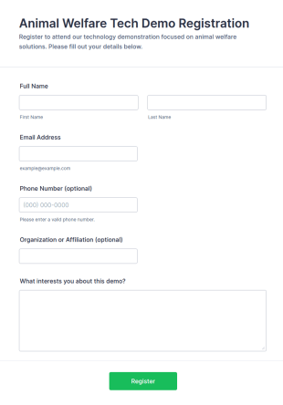 Animal Welfare Tech Demo Registration Form Template