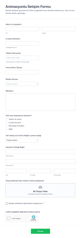 Animasyonlu İletişim Form Şablonu