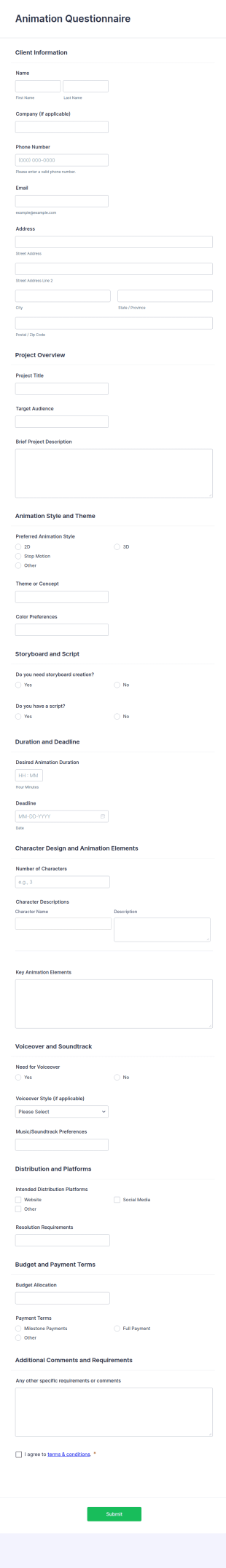 Animation Questionnaire Form Template