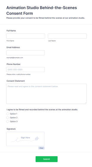 Animation Studio Behind The Scenes Consent Form Template