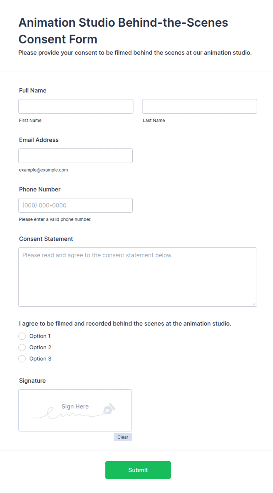 Animation Studio Behind-the-Scenes Consent Form Template | Jotform