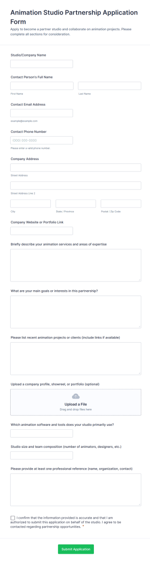 Animation Studio Partnership Application Form Form Template