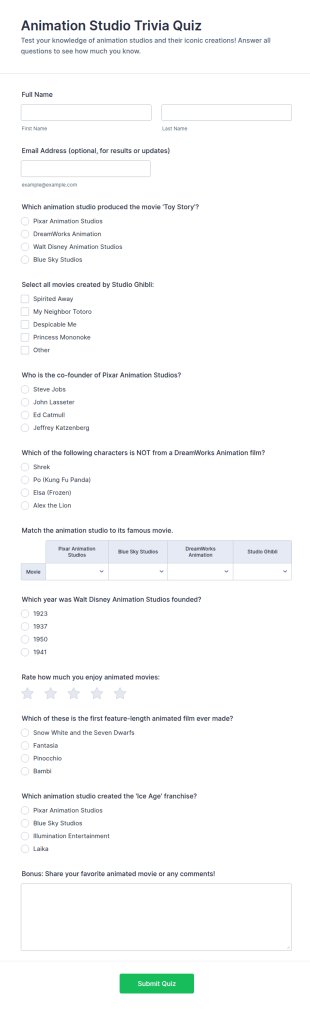 Animation Studio Trivia Quiz Form Template