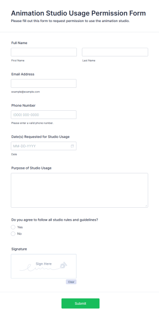 Animation Studio Usage Permission Form Form Template