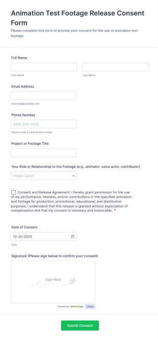 Animation Test Footage Release Consent Form Template