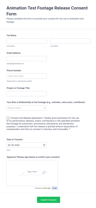 Animation Test Footage Release Consent Form Template