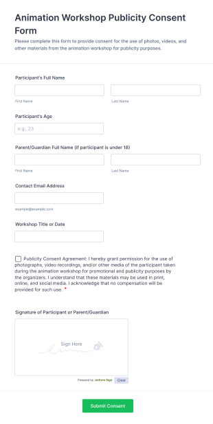 Animation Workshop Publicity Consent Form Template