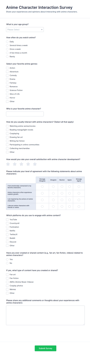 Anime Character Interaction Survey Form Template