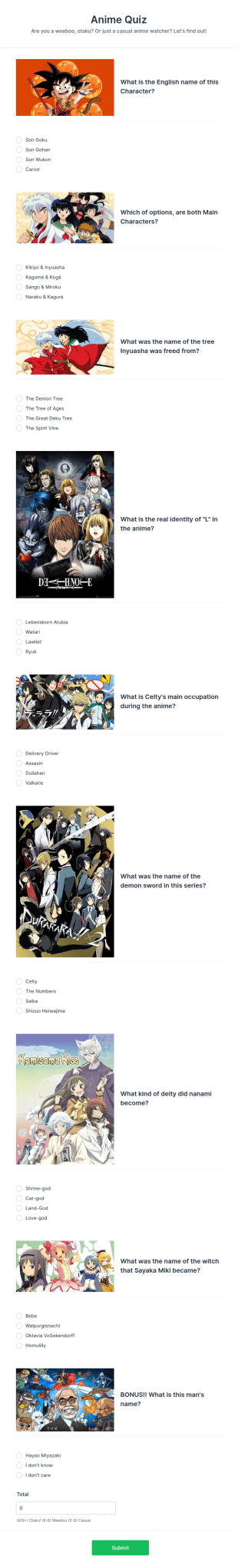 Anime Character Quiz Template